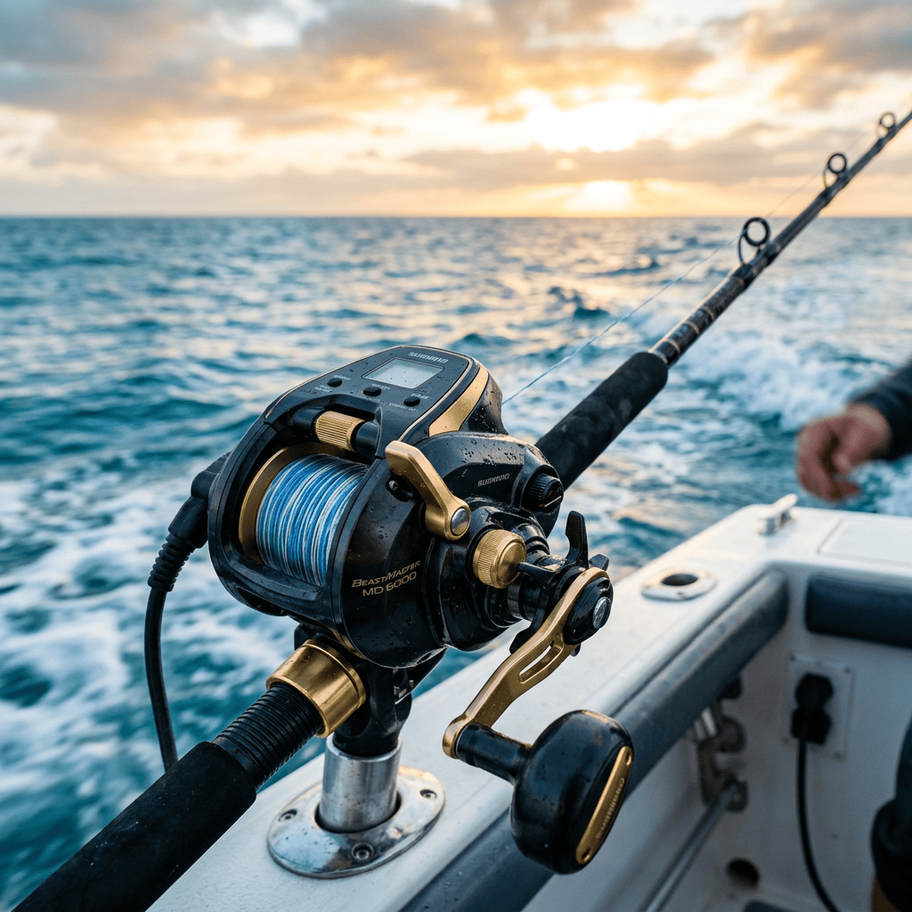 Electric fishing reel and rod mounted on a boat over open ocean