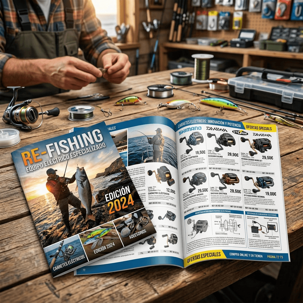 Catálogo Pesca Aventura 2024 abierto con señuelos Rapala, Shimano y Storm